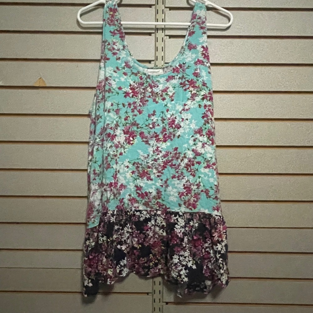 Avenue Womens Plus 22/24 Teal Pink Floral Mixed Print Ruffle‎ Tank Top Viscose
